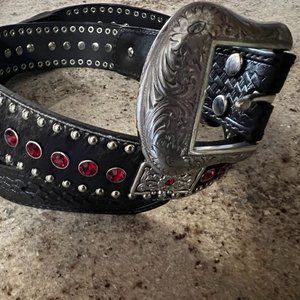 NOCONA men's western belt, black tooled leather, calf hair, red rhinestones 38